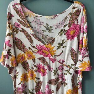 Kori America Pink Gold Floral V Neck Flutter Sleeve Tunic Blouse Top Size XL